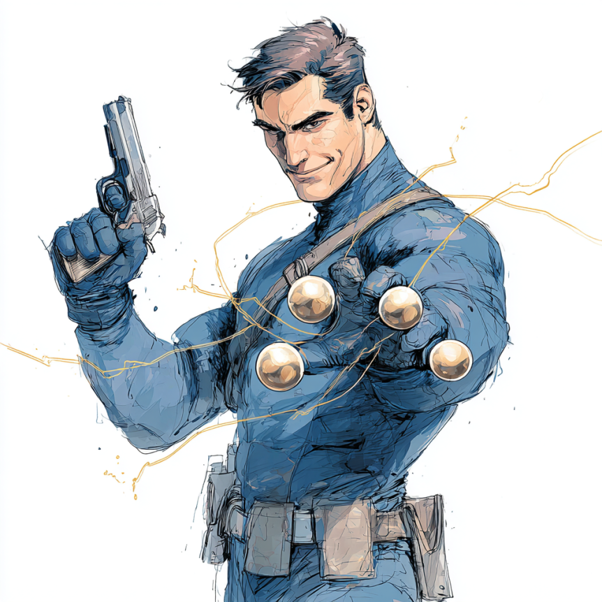 Man with half-grin on face, holding a silver pistol in one hand and telekinetically holding 4 metals spheres near other.