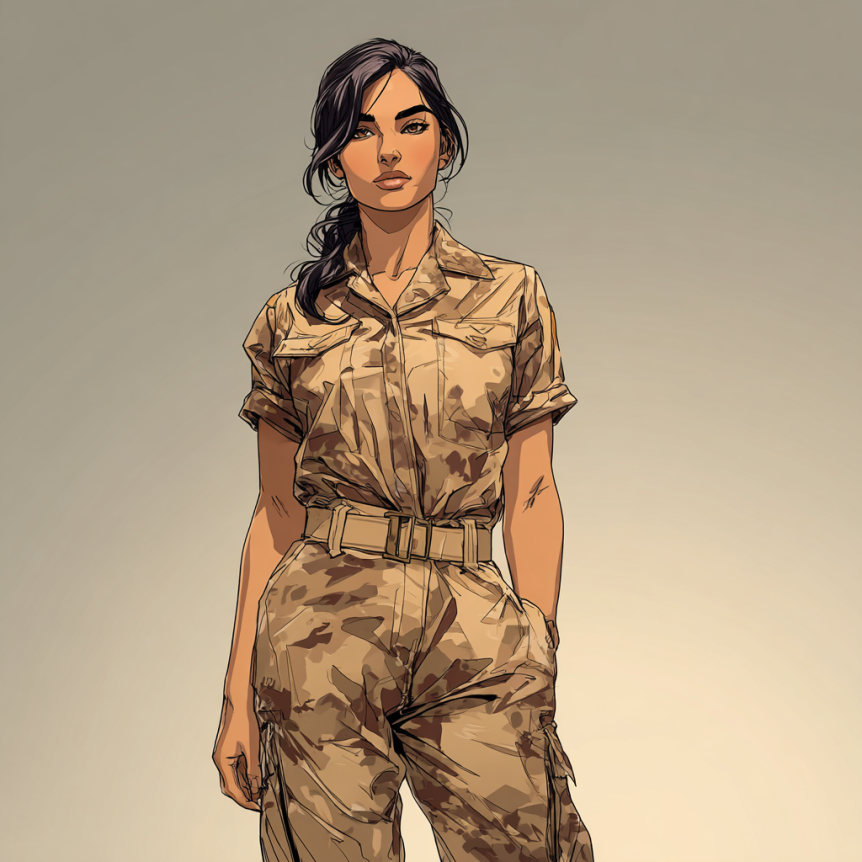 Woman with dark hair and green eyes in tan camouflage Army fatigues