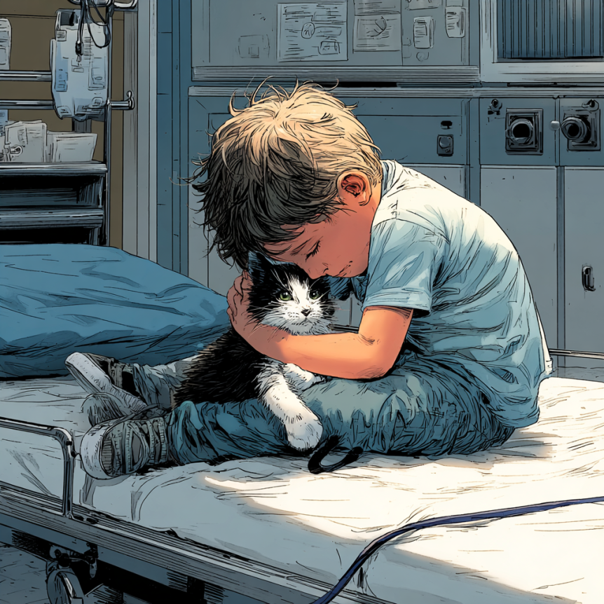 A little boy sits on a gurney hugging a black kitten with white feet.