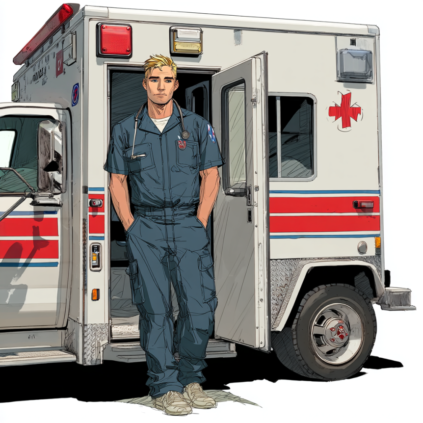 Paul Miller, an EMT and psi, stands outside the open door of the ambulance he drives.