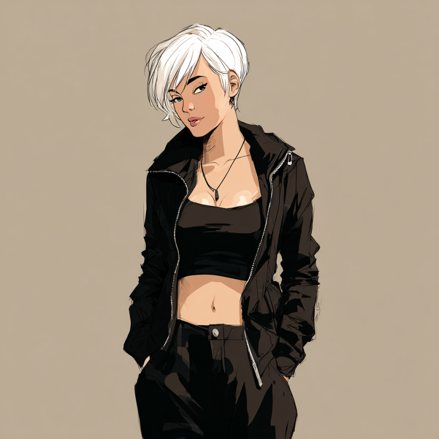 Stephanie Quillen is a tall woman with white pixie-style hair. She wears black crop top and pants.